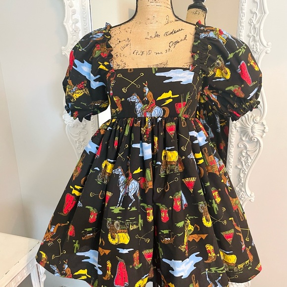 SALE New York Couture Vintage COWBOY WESTERN Print Puff Sleeve Dress - Picture 5 of 8